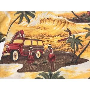 Vintage 80s Kalena Fashions Yellow Surfer Woody Wagon Hawaiian Shirt Size XL